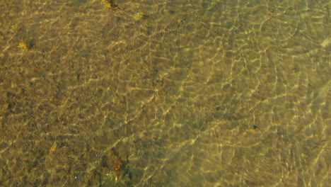 Close-up-aerial-of-a-shimmering-shallow-muddy-mountain-lake