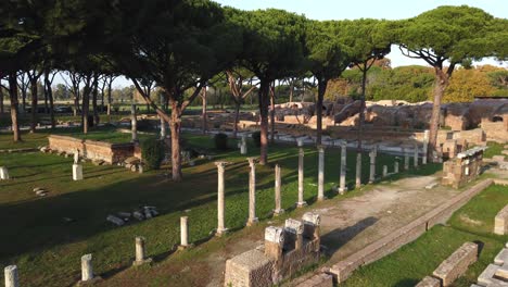 Market-square-of-Ostia-Antica-located-in-front-of-the-amphitheater,-tilt-up-move