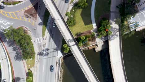 Cars-Commuting-on-Highway-Multiple-Lane-Overpass---Overhead-Aerial