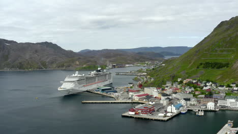 A-smooth-orbiting-shoot-of-port-of-Honningsvag---most-Northern-city-of-mainland-Europe---Norway