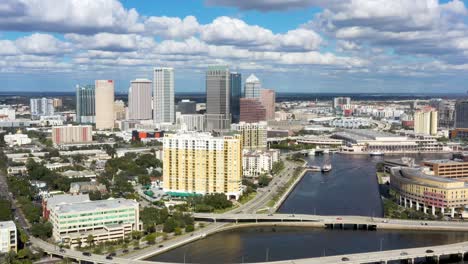 City-Landscape-of-Downtown-Tampa,-Florida---Aerial-Drone-Establishing