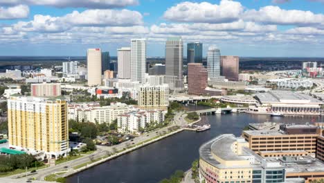 Tampa-Bay-Skyline-in-Florida,-Establishing-Aerial-View-with-Copy-Space