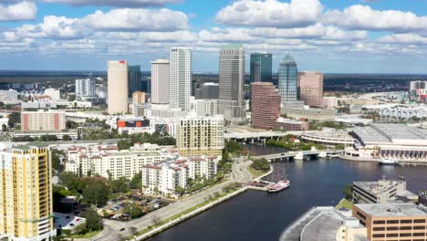 Cityscape-Establishing-Aerial-view-of-Downtown-Tampa-Bay,-Florida
