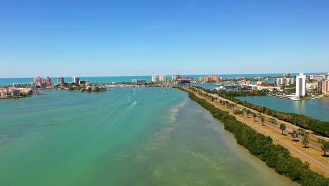 Aerial-descending-view-of-Clearwater-Beach-Resorts-in-Florida