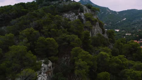 Fotógrafo-De-Drones-Parado-En-La-Cima-De-Una-Montaña-Rocosa-Con-árboles-Verdes