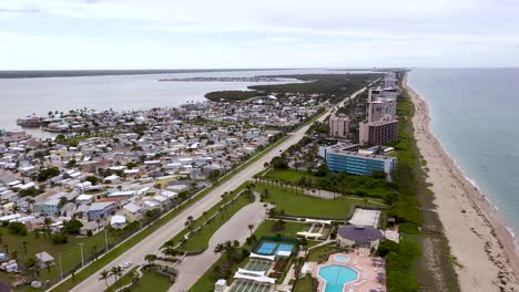 Hotel-Resorts-for-Tourists-on-Vacation-on-Hutchinson-Island-on-Florida-Beach-Coastline,-Aerial