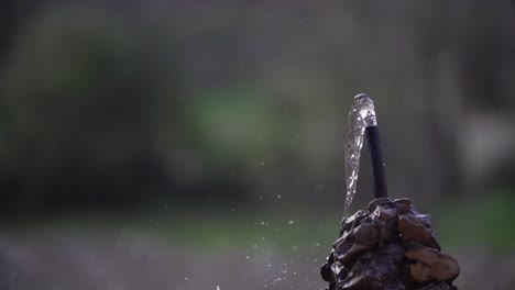 Close-up-shot-of-tiny-water-fountain-splashing-water-during-daytime-and-forest-in-background