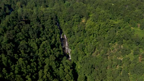 Aerial-View-of-Large-Bird-Flying-Above-Waterfall-in-Georgia-Forests