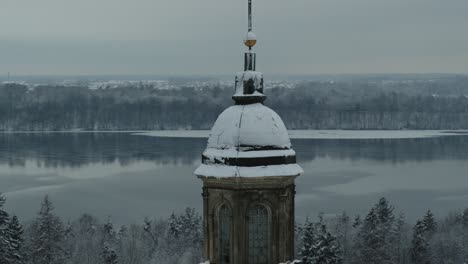 Aerial-view-of-Pažaislis-Monastery-Dome-in-winter-time