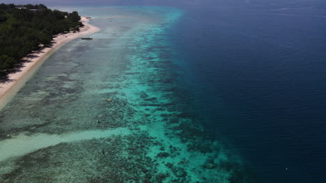 Vista-Aérea-De-Los-Arrecifes-De-Coral-Bajo-El-Mar-Azul-Claro-En-La-Isla-De-Bali,-Indonesia