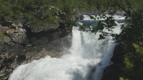 first-cascade-of-Gaustafallet-waterfall-in-river-Gauste,-Jamtland,-Sweden