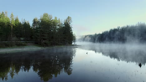 Calm-misty-lake-with-reflections-in-the-water
