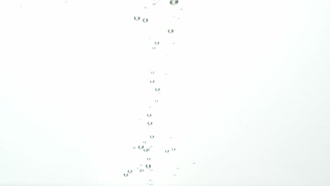 Bunch-of-grapes-drowning-in-water-with-rising-air-bubbles,-isolated-on-white