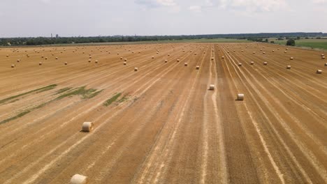 Aerial-view-of-hay-field-with-straw-bales