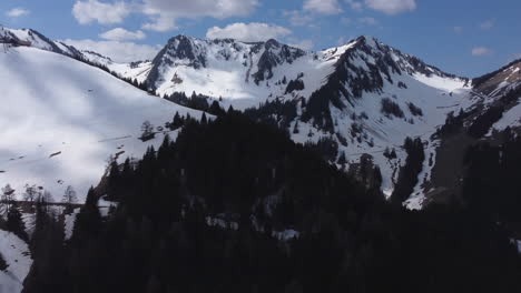 Slow-aerial-shot-above-a-pine-forest-and-snow-capped-Alps-in-Torgon,-Switzerland-with-peaks-in-the-distance