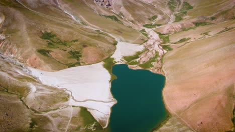 Beautiful-blue-lake-in-the-Arashan-Mountains-in-Kyrgyzstan--Aerial