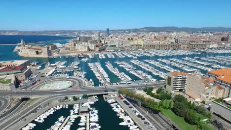 Aerial-of-France,-Cote-d'azur,-Menton,-Old-Port-of-Marseille-and-sea-in-French-riviera