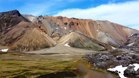 Ravine-with-a-cloudy-river-flowing-between-black-magma-and-colourful-rainbow-mountains-of-Landmannalaugar-in-Iceland