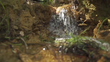 Slow-motion-tracking-shot-of-a-small-waterfall-flowing-down-rocks-and-grass