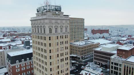 Griest-skyscraper,-also-Lancaster-Federal-Building-with-Marriott-Hotel-in-background,-aerial-winter-shot