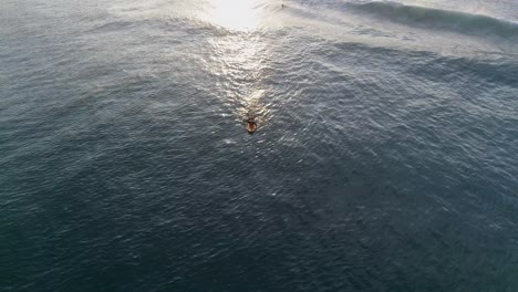 Aerial-shot-of-a-surfer-swimming-in-Zicatela-beach,-Puerto-Escondido,-Oaxaca