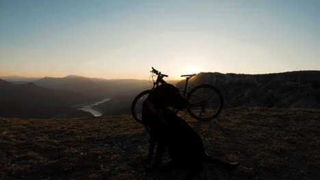 Mountain-bike-and-black-labrador-dog-standing-on-a-mountain-cliff