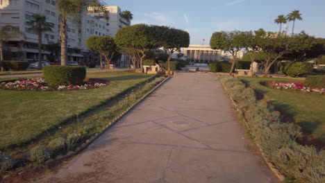 Right-pan,-Main-administrative-square-of-Meknes-with-the-colonial-building-of-the-Town-Hall,-before-sunset