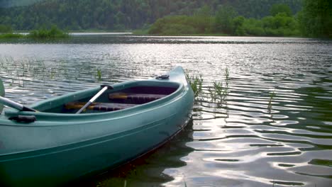 Blue-turquoise-canoe-slowly-rocking-on-shore-on-Cerknica-lake-with-grass-and-trees,-slow-motion