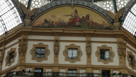 Stunning-art-inside-the-Galleria-Vittorio-Emanuele,-large-paintings-on-the-roof