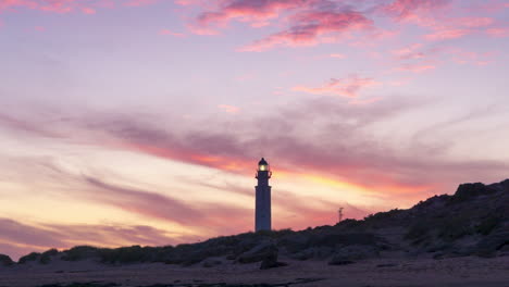 Beautiful-and-colorful-timelapse-of-sunset-in-Faro-de-Trafalgar-lighthouse,-Cadiz,-Spain