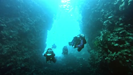 Grupo-De-Buzos-En-Un-Túnel-De-Arrecifes-De-Coral