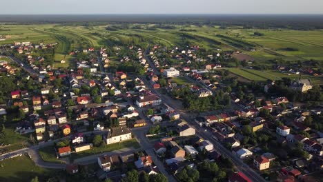 Aerial-view-of-a-little-town-in-the-countryside-of-Poland,-Modliborzyce