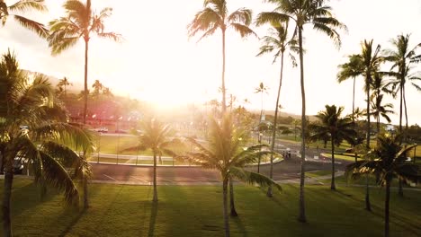 Drohnenaufnahme-Des-Campus-Der-Brigham-Young-University-hawaii,-Der-Während-Der-Sonnenuntergangsstunden-Durch-Palmen-Fliegt