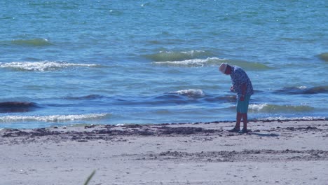 Man-searching-amber-at-Baltic-sea-coast-at-Liepaja-beach-in-hot-sunny-day,-medium-shot