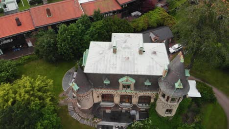 Aerial-footage-of-a-castle-located-in-the-suburban-area-of-Gothenburg-called-Lunden,-Sweden