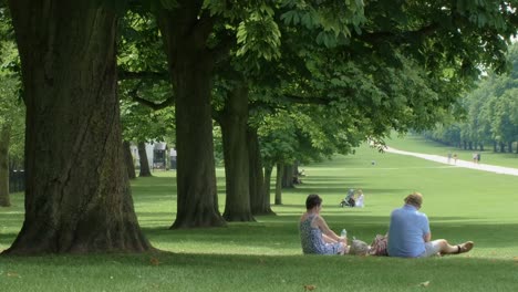 4k-Hombre-Y-Mujer-Sentados-Bajo-Un-árbol-Bebiendo-Agua-En-La-Larga-Caminata-En-Windsor-Durante-El-Verano,-Reino-Unido