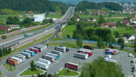 Truck-stop-and-petrol-station-on-highway,-aerial-view,-A1-higway-near-Celje,-Slovenia