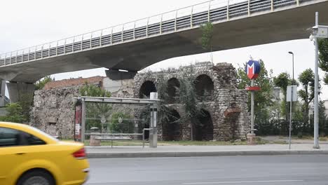 Slow-Motion:Ruins-of-ancient-Galata-Walls-or-Walls-of-Constantinople-located-in-Istanbul,Turkey