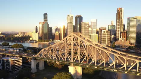 BRISBANE,-AUSTRALIA---JULY-17-2019:-Brisbane-city-zooming-out-sunrise-beautiful-aerial-with-CBD,-Brisbane-river,-buildings,-Story-Bridge-and-Howard-Smith-Wharf-Precinct