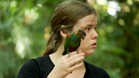 Loro-Verde,-Loro-Conure-De-Garganta-Azul-Sentado-En-La-Mano-Humana-Y-El-Loro-Volador-Libre-De-La-Cabeza-Sentado-Sentado-En-El-Loro-Volador-Humano-Libre-Jugando-Con-Una-Niña