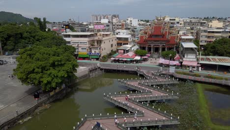 An-aerial-view-of-the-Dragon-and-Tiger-Pagodas-at-Lotus-Pond-in-Kaohsiung,-Taiwan