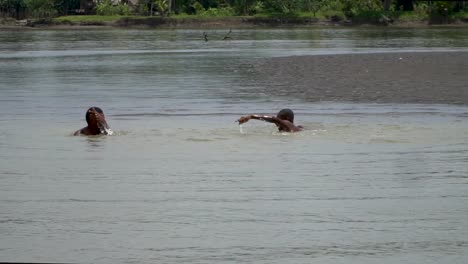 Two-boys-laugh,-swim-and-play-in-river,-slow-motion,-Papua-New-Guinea
