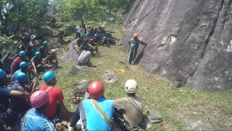 Rock-climbing-by-professional-mountaineer-of-a-reputed-mountaineering-institute-in-upper-Himalayas,-Uttarakhand-India