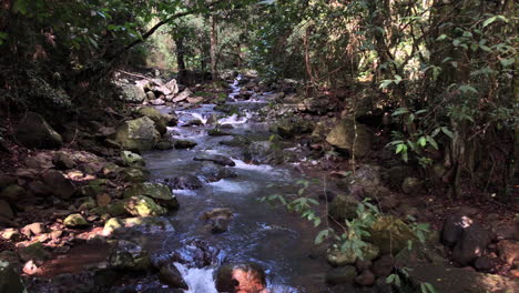 Smooth-pan-shot,-fast-flowing-creek,-Natural-Bridge-Waterfall-Springbrook,-Queensland