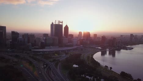 Aerial-view-of-a-Perth-Skyline-with-forward-camera-motion-towards-the-tallest-buildings-in-Western-Australia