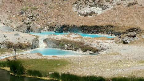 Dampfende-Heiße-Quelle-An-Der-Geologischen-Stätte-Hot-Creek-Im-Inyo-National-Forest,-Hellblaues,-Dampfendes-Wasser-In-Braunen-Felsen