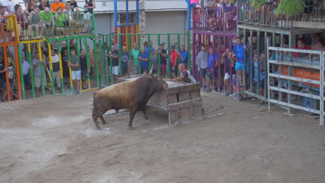 Slow-motion-long-shot-of-a-famous-traditional-bull-run-on-the-main-square-of-a-spanish-village