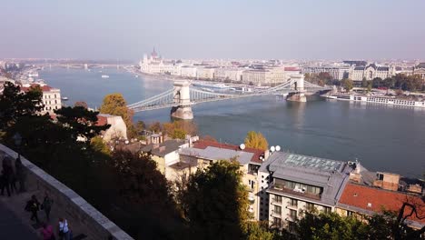 The-Chain-bridge-and-skyline-of-Budapest-city-on-beautiful-sunny-day-from-a-great-distance