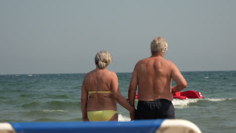 Rear-shot-of-lovely-old-couple-holding-hands-at-beach-with-ocean-in-background-during-sun