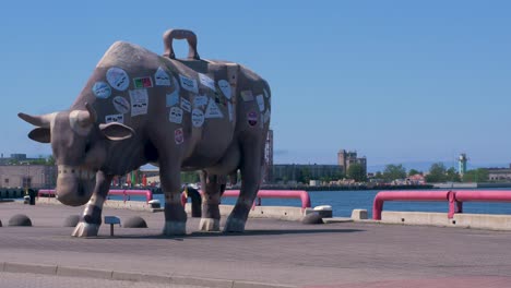 Travelling-Cow-statue-at-Ventspils-has-taken-place,-medium-shot